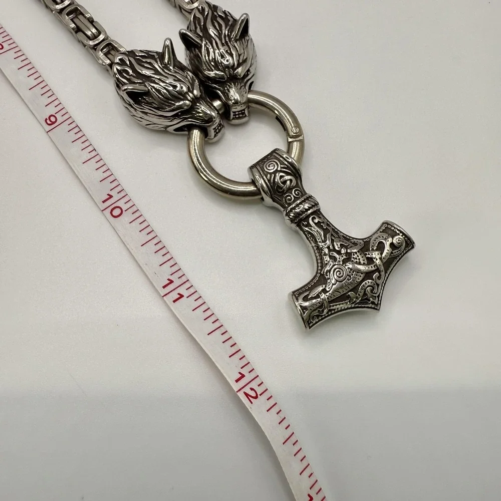 Viking Wolf Heads Mjolnir Thor Hammer Pendant Necklace Silver Tone Chain Mens‎